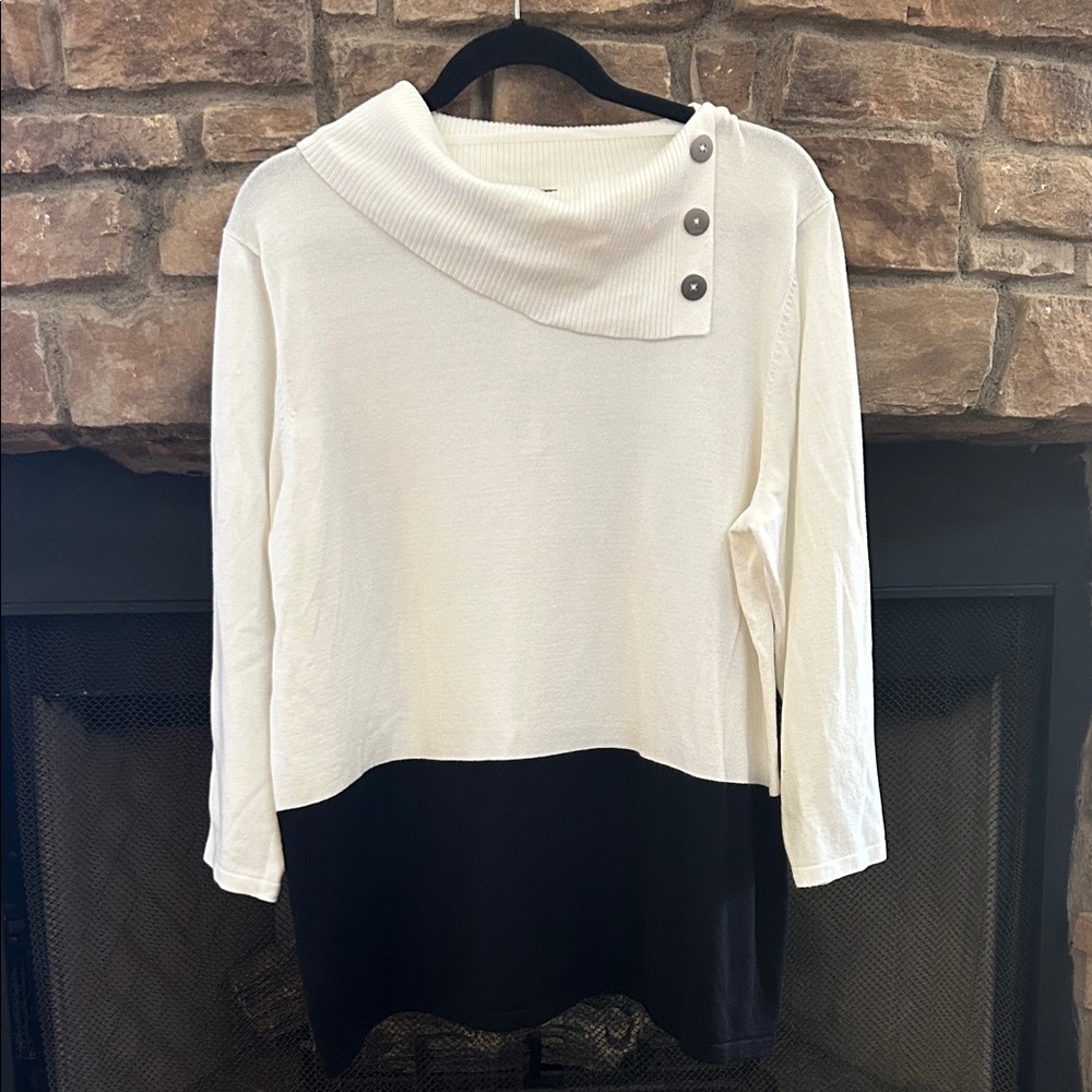 NWT Investments Stylish White and Black Sweater with Button Detail